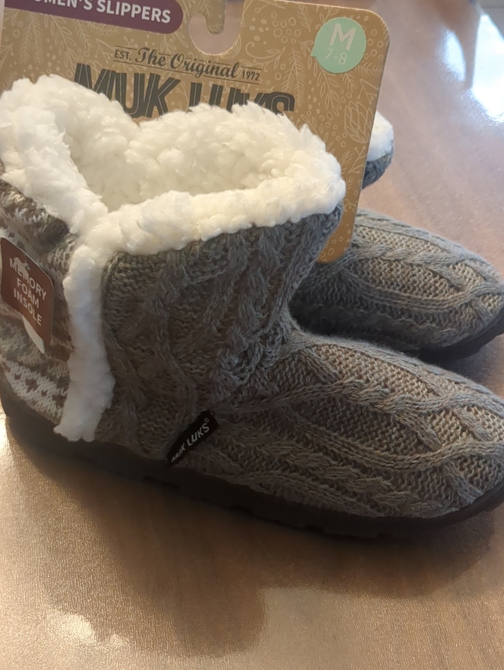 NEW Muk Luks Women's SZ M 7-8 Taupe Cable Knit Faux Fur Slipper Boots